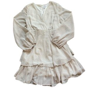 Japna Tiered Ruffle Leopard Print Long Sleeve Dress Sheer Sleeves Size Medium